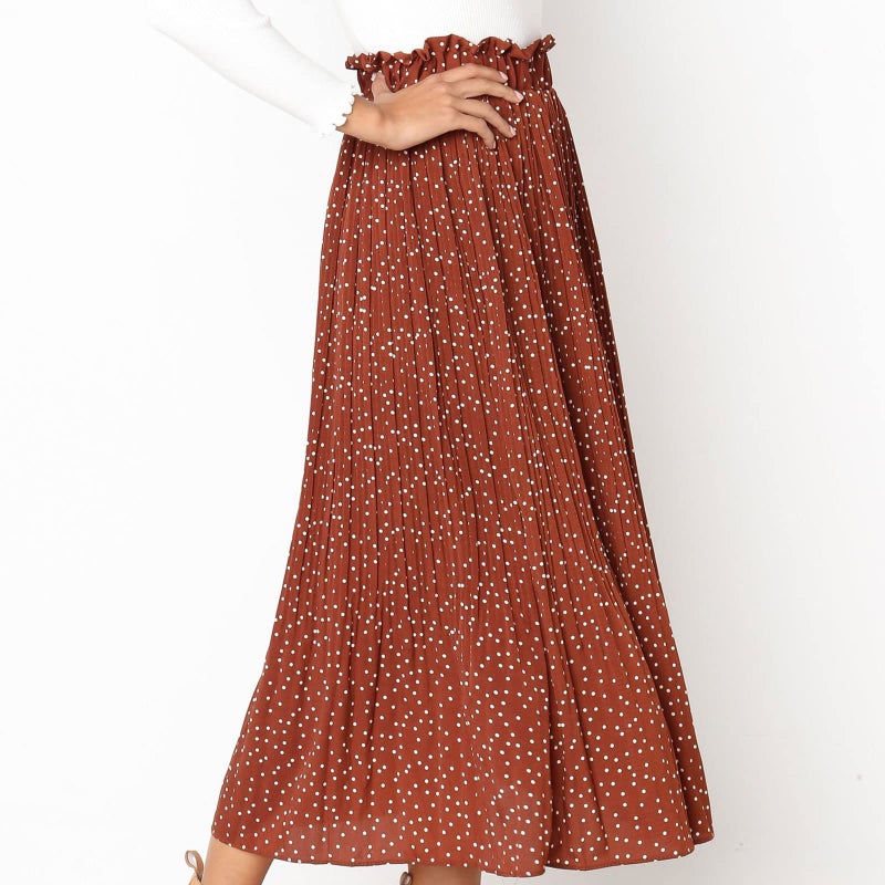 Exlura Womens High Waist Polka Dot Pleated Skirt Midi Swing Skirt with Pockets Coffee Small - Image 5